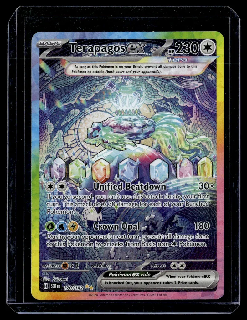 Front of Terapagos ex #170/142 from Stellar Crown, a Holo Special illustration rare Pokémon trading card in Near Mint condition.