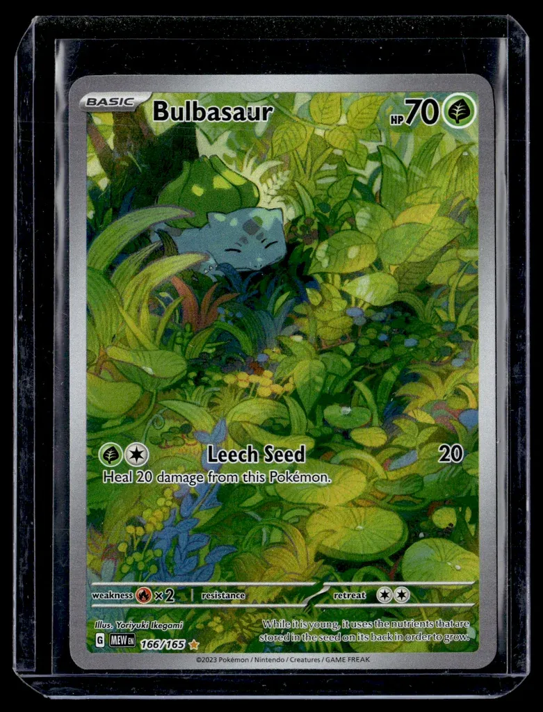 Front of Bulbasaur #166/165 from 151, a Holo Illustration rare Pokémon trading card in Near Mint condition.