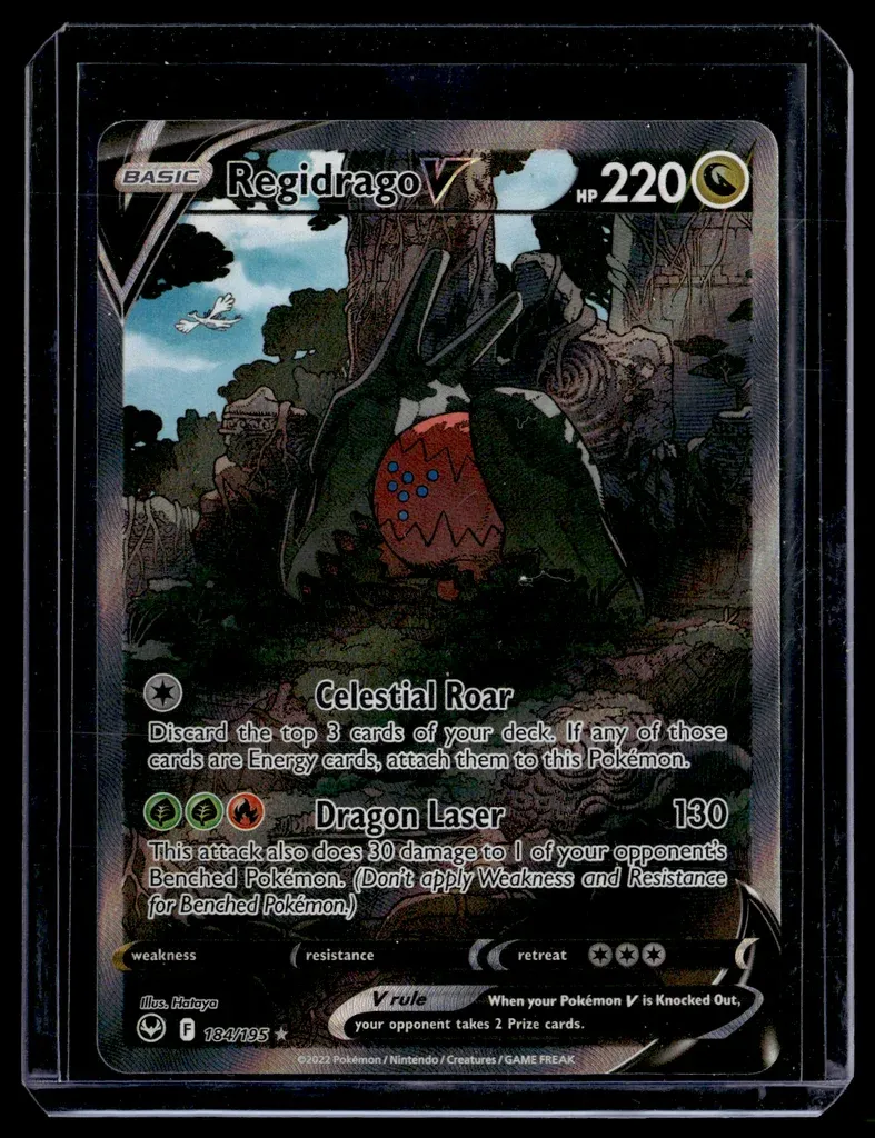 Front of Regidrago V #184/195 from Silver Tempest, a Holo Ultra Rare Pokémon trading card in Near Mint condition.