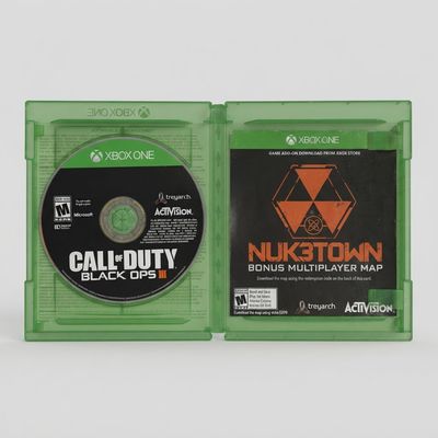 Open green case for Call of Duty: Black Ops III on Xbox One showing the game disc and Nuk3town bonus map insert