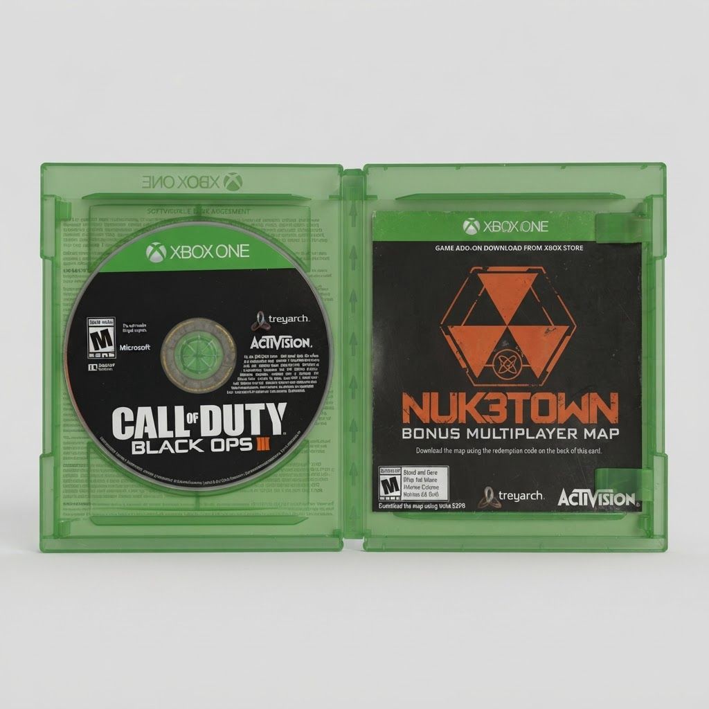 Open green case for Call of Duty: Black Ops III on Xbox One showing the game disc and Nuk3town bonus map insert