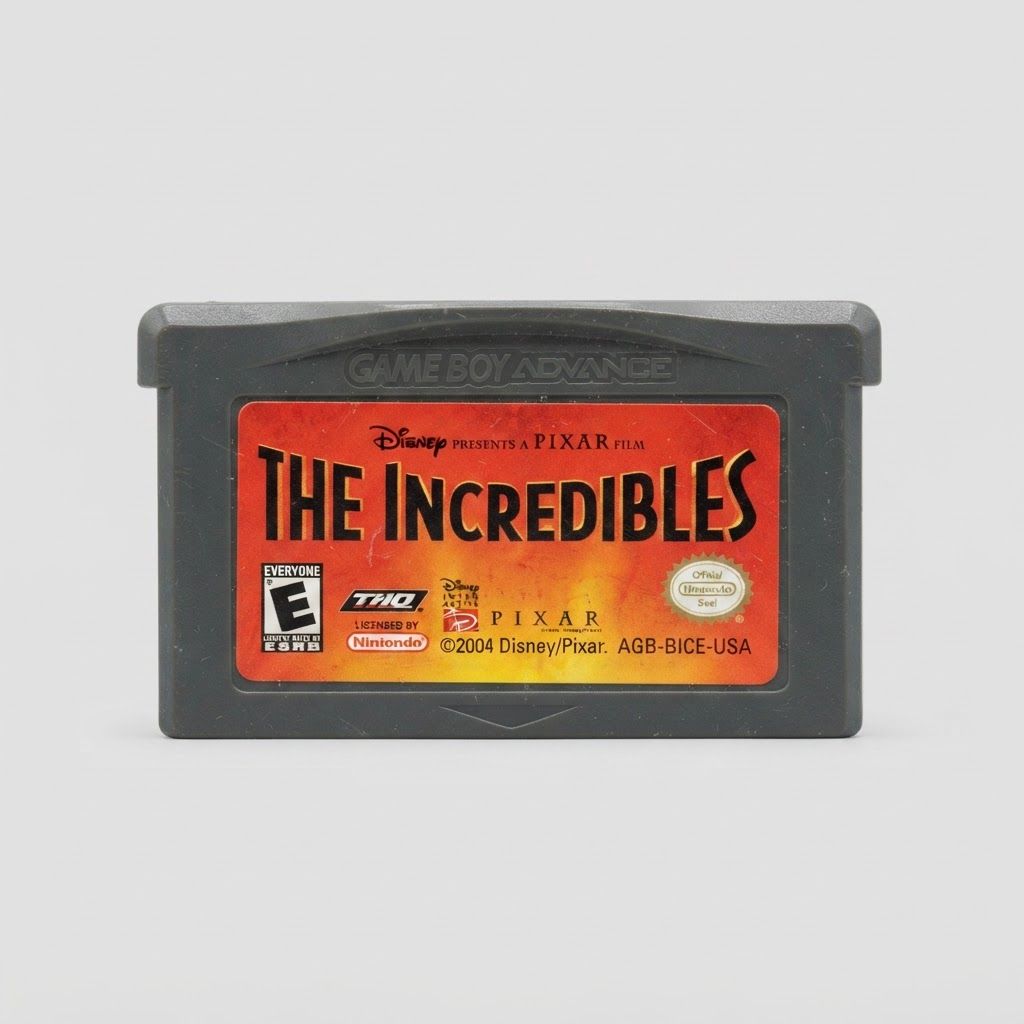 Front view of a grey The Incredibles Game Boy Advance cartridge with a red and orange label and minor surface scratches