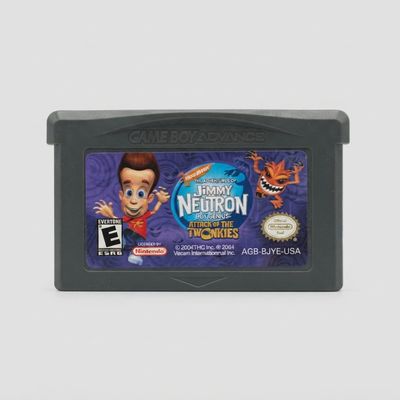 Front of The Adventures of Jimmy Neutron Boy Genius Attack of the Twonkies Game Boy Advance cartridge with a purple label