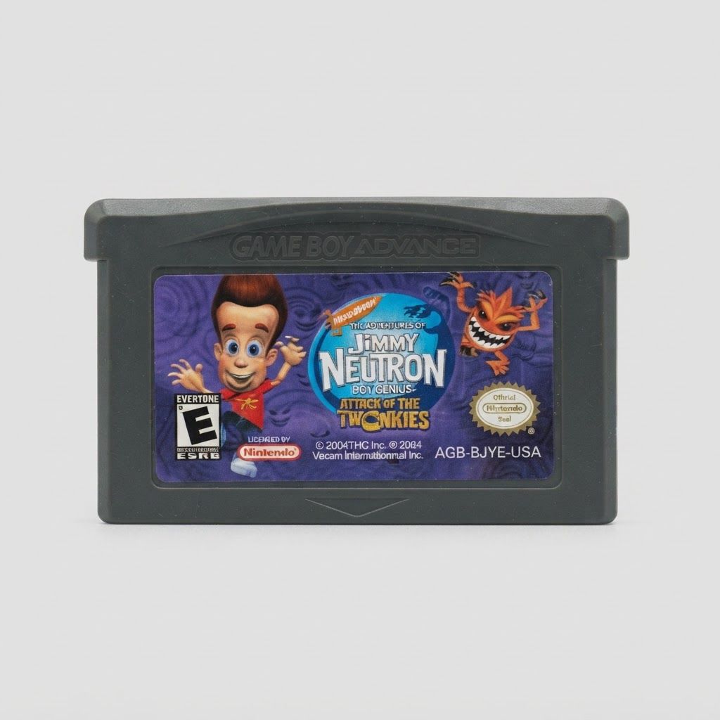 Front of The Adventures of Jimmy Neutron Boy Genius Attack of the Twonkies Game Boy Advance cartridge with a purple label