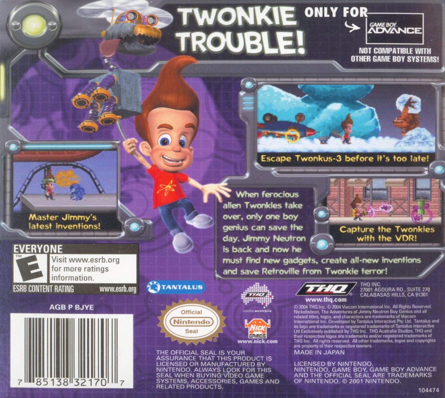 Nickelodeon The Adventures of Jimmy Neutron Boy Genius: Attack of the Twonkies – Game Boy Advance (GBA) Action Game back cover art