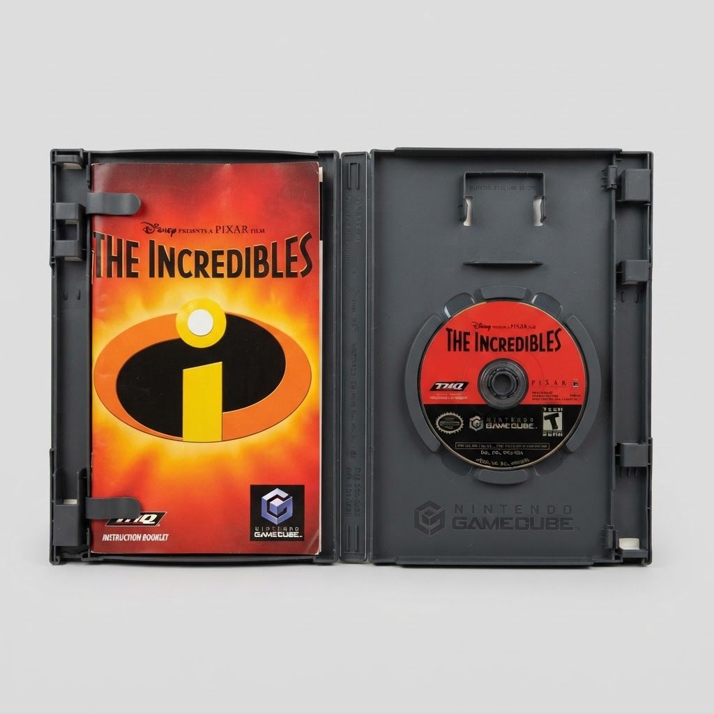 Open Nintendo GameCube case for The Incredibles showing the orange manual and red game disc