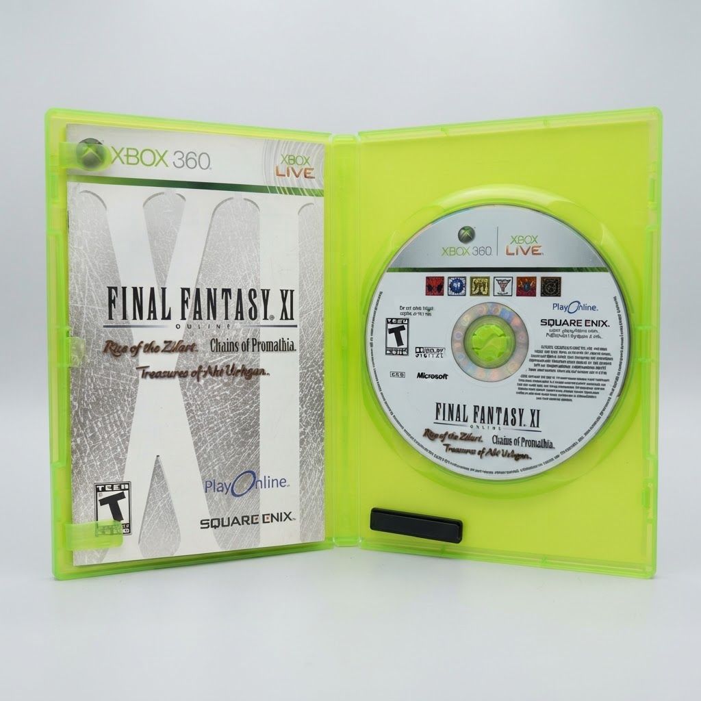 Final Fantasy XI Online for Xbox 360 open green case showing the disc and manual contents