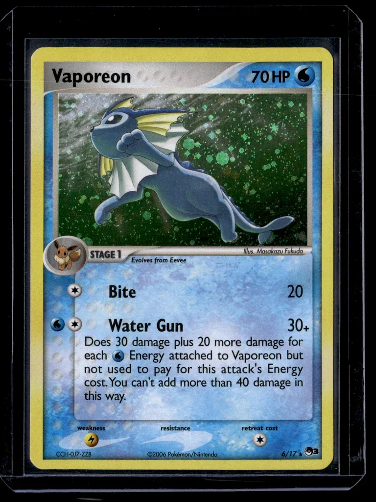 Front of Vaporeon #6/17 from POP Series 3, a Holo Rare Pokémon trading card in Near Mint condition.