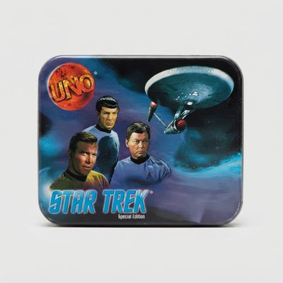 Front view of the blue Star Trek Special Edition UNO Collector's Tin featuring Kirk, Spock, McCoy, and the Enterprise