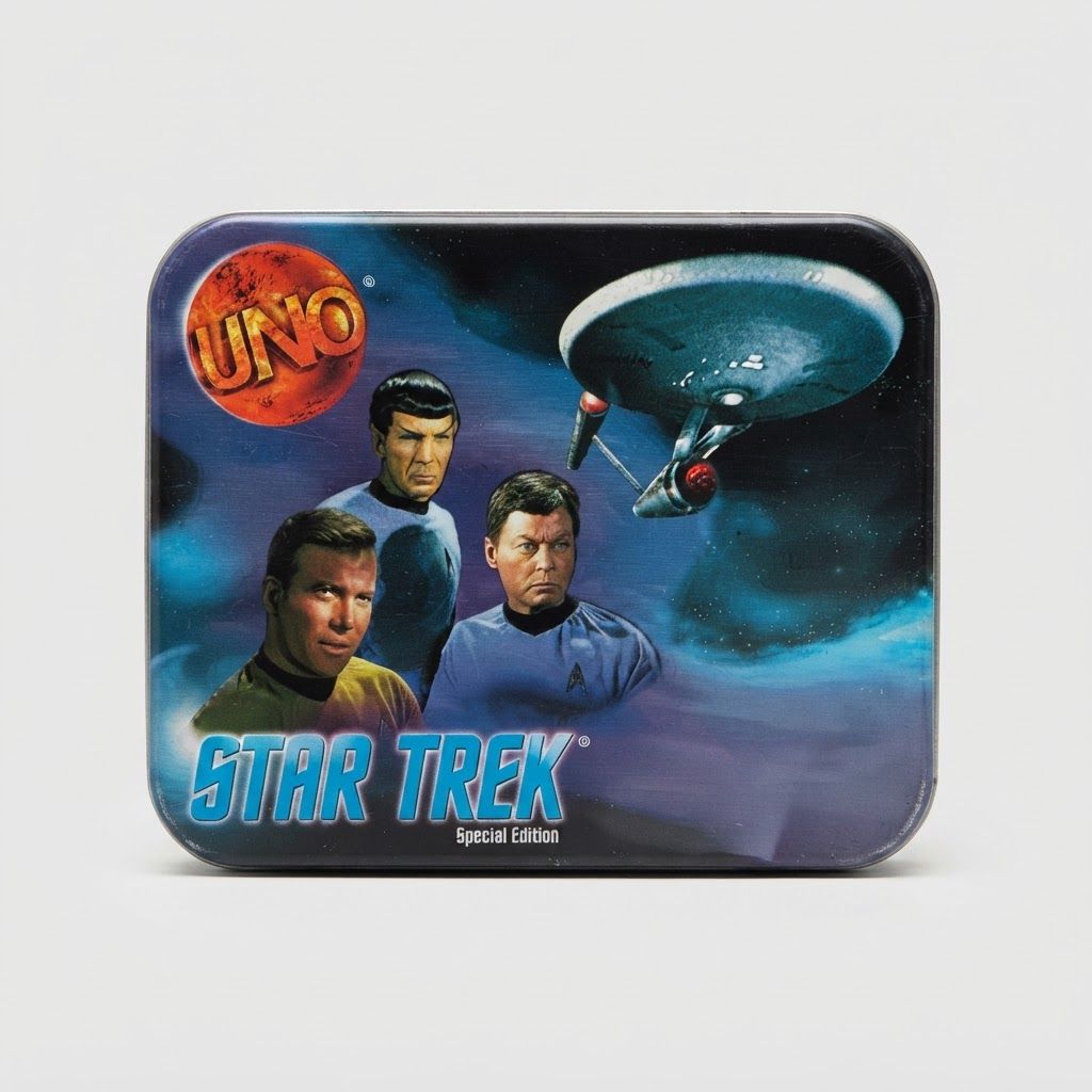 Front view of the blue Star Trek Special Edition UNO Collector's Tin featuring Kirk, Spock, McCoy, and the Enterprise