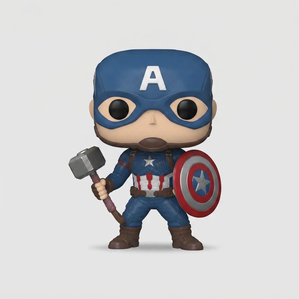 Front view of a loose Funko Pop! Avengers: Endgame Captain America with Mjolnir figure holding his hammer and shield