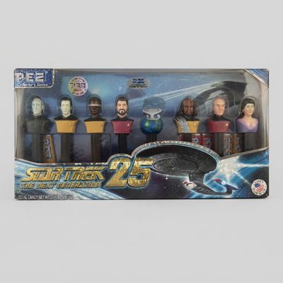 Front of the Star Trek: The Next Generation 25th Anniversary PEZ Set in a blue Collector's Series window box