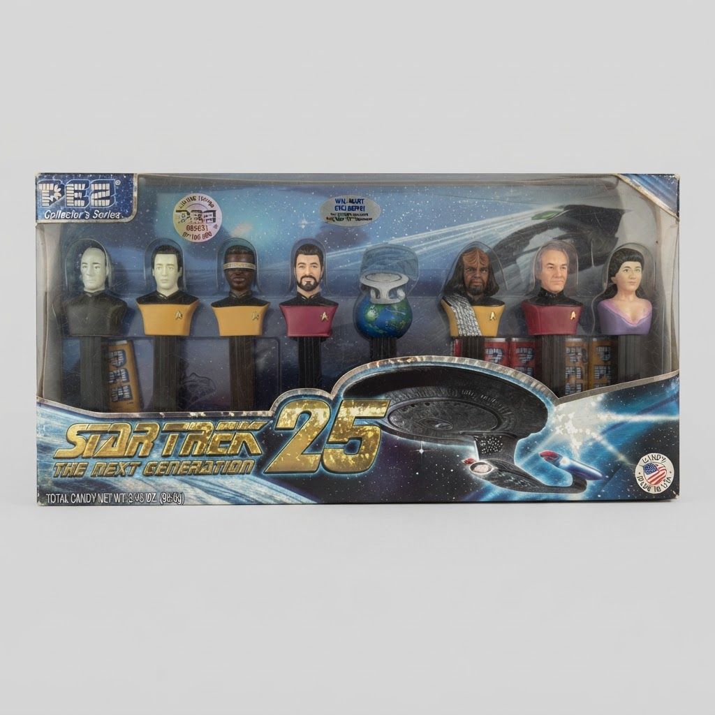 Front of the Star Trek: The Next Generation 25th Anniversary PEZ Set in a blue Collector's Series window box