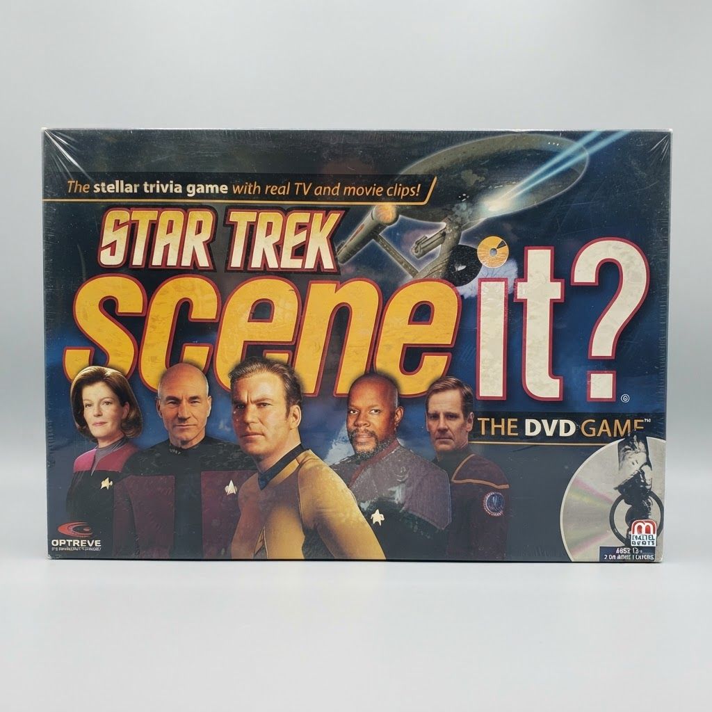 Front view of a new sealed Star Trek Scene It? The DVD Game box featuring various captains on a blue background