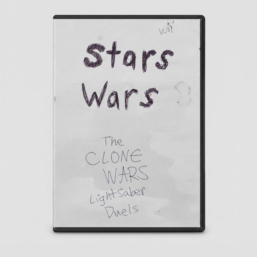 Front of Star Wars: The Clone Wars Lightsaber Duels for Nintendo Wii with handwritten title art on a white paper insert