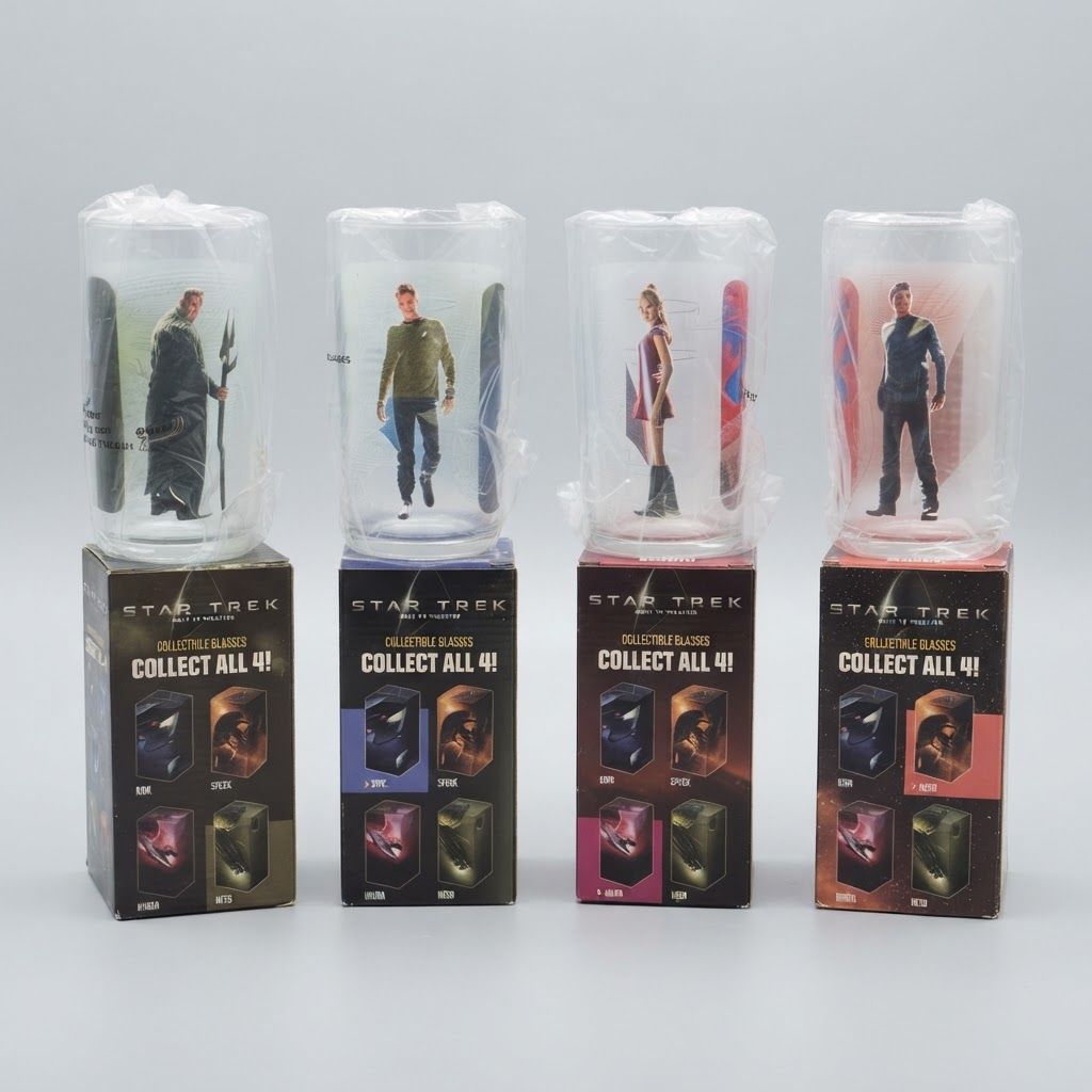 Four Star Trek (2009) Burger King Collector Glasses in original boxes featuring Nero, Kirk, Uhura, and Spock from the front