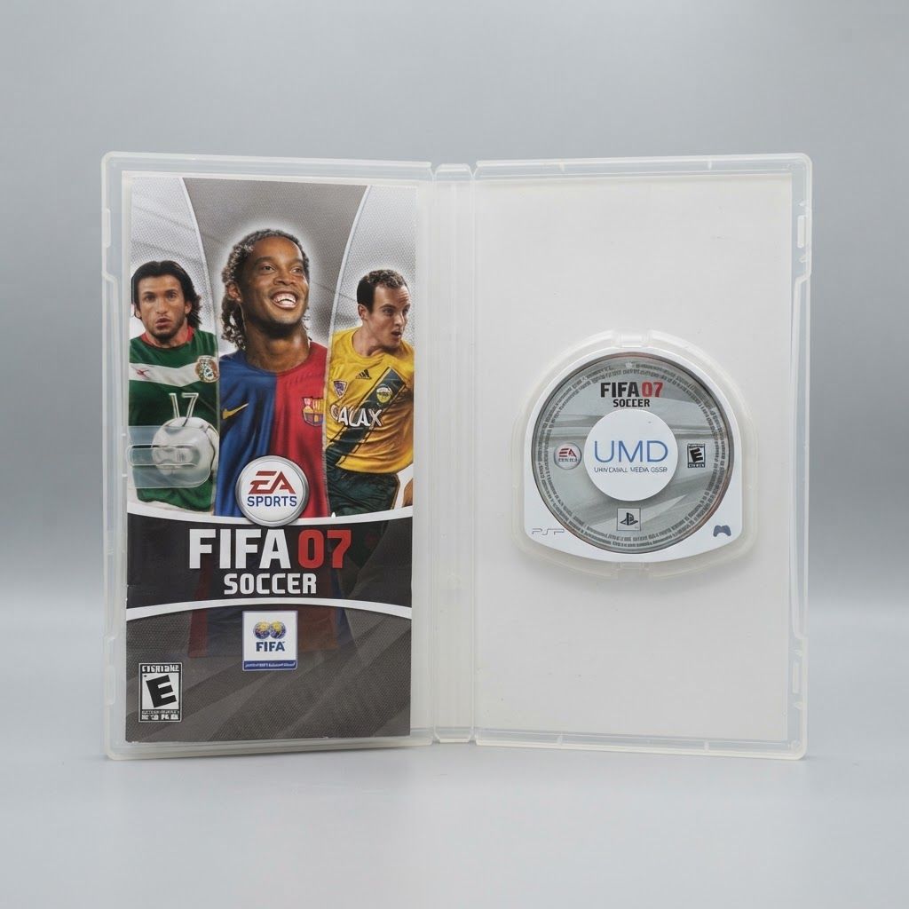 Inside view of EA Sports FIFA 07 Soccer for PSP showing the manual and UMD disc in an open clear case