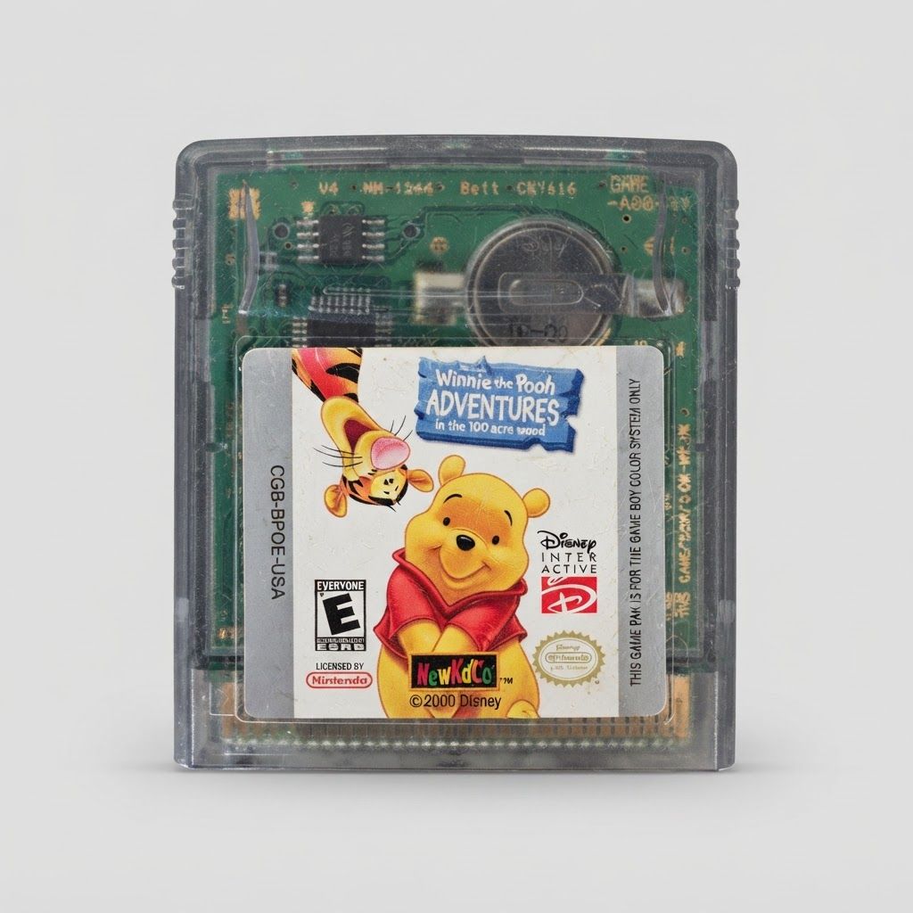 Front view of Disney's Winnie the Pooh: Adventures in the 100 Acre Wood for Game Boy Color on a clear gray cartridge