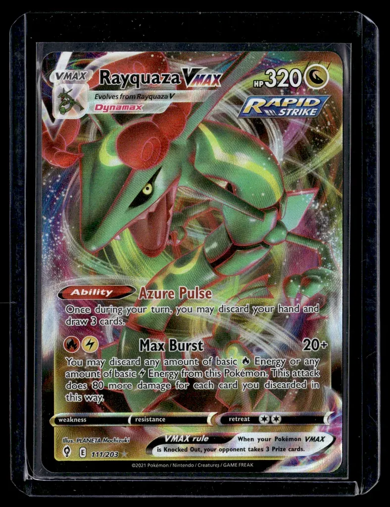 Front of Rayquaza VMAX #111/203 from Evolving Skies, a Holo Rare VMAX Pokémon trading card in Near Mint condition.
