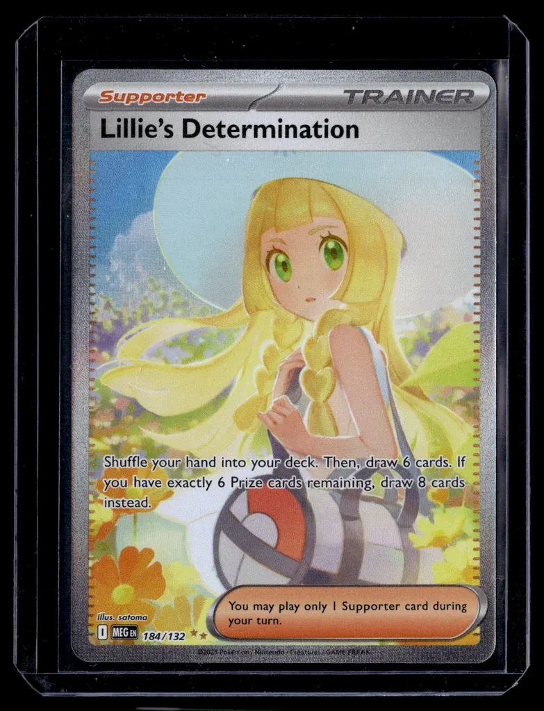 Front of Lillie's Determination #184/132 from Mega Evolution, a Holo Special illustration rare Pokémon trading card in Near Mint condition.