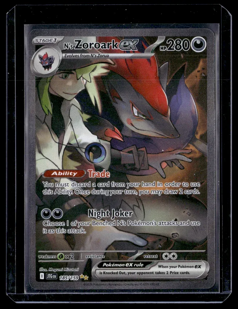 Front of N's Zoroark ex #185/159 from Journey Together, a Holo Special illustration rare Pokémon trading card in Near Mint condition.