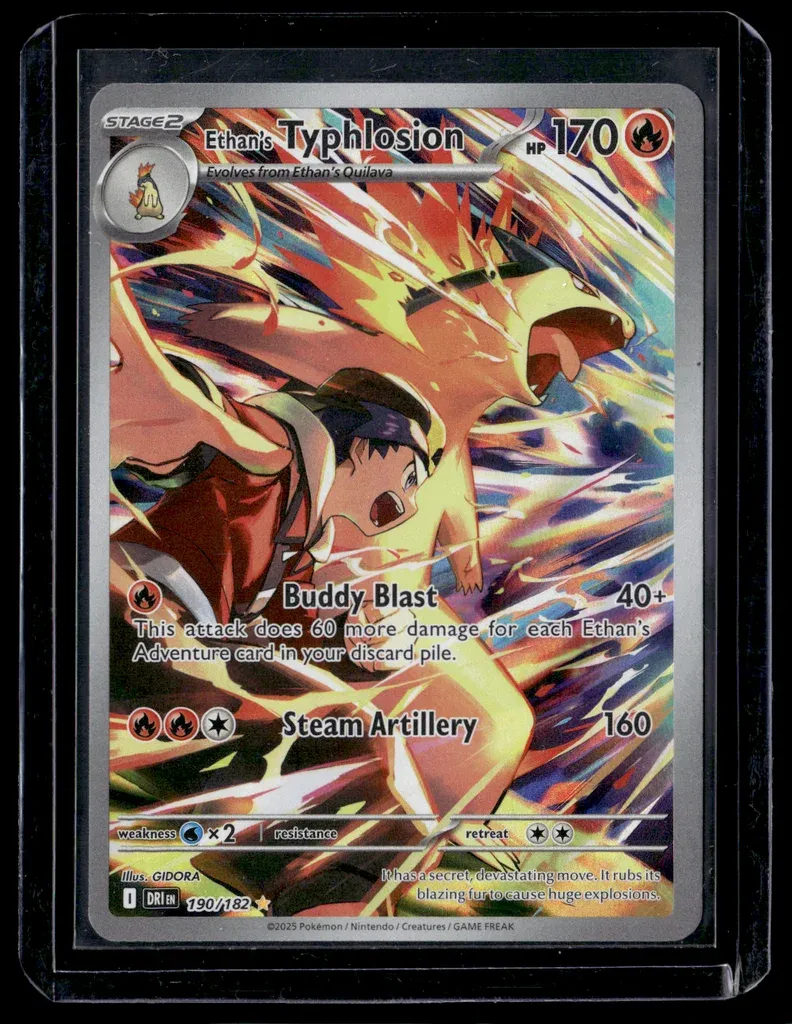 Front of Ethan's Typhlosion #190/182 from Destined Rivals, a Holo Illustration rare Pokémon trading card in Near Mint condition.