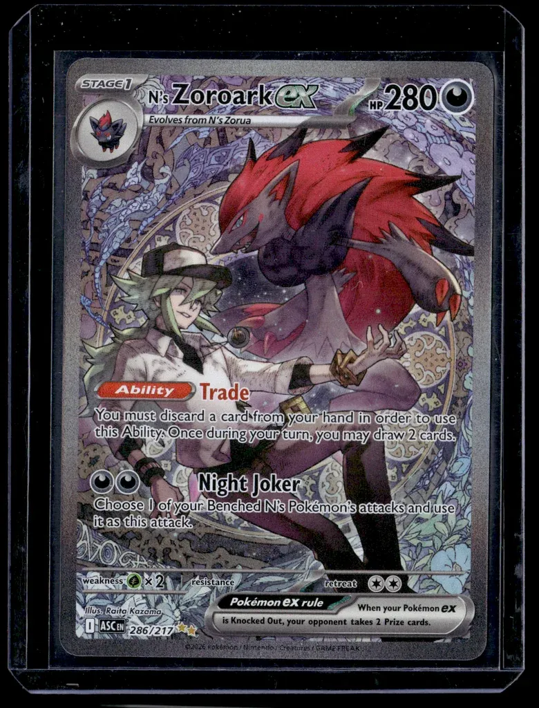 Front of N's Zoroark ex #286/217 from Ascended Heroes, a Holo Special illustration rare Pokémon trading card in Near Mint condition.