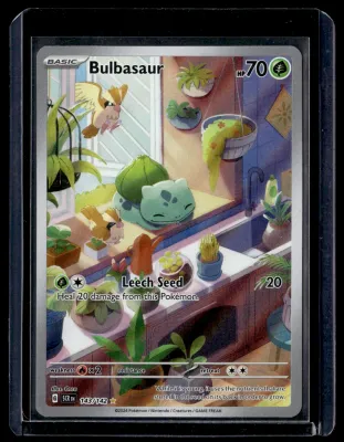 Front of Bulbasaur #143/142 from Stellar Crown, a Holo Illustration rare Pokémon trading card in Near Mint condition.
