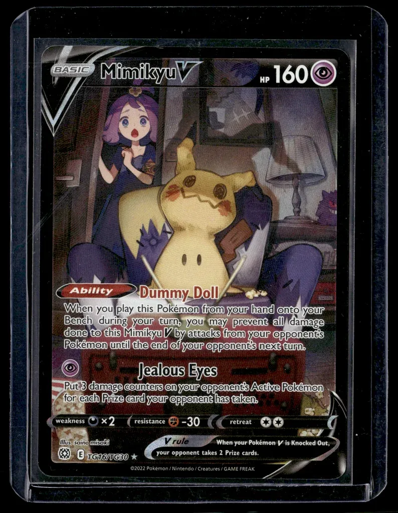 Front of Mimikyu V #TG16/30 from Brilliant Stars Trainer Gallery, a Holo Ultra Rare Pokémon trading card in Near Mint condition.