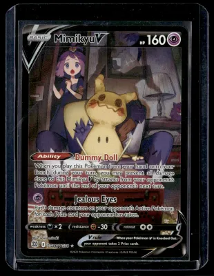 Front of Mimikyu V #TG16/30 from Brilliant Stars Trainer Gallery, a Holo Ultra Rare Pokémon trading card in Near Mint condition.