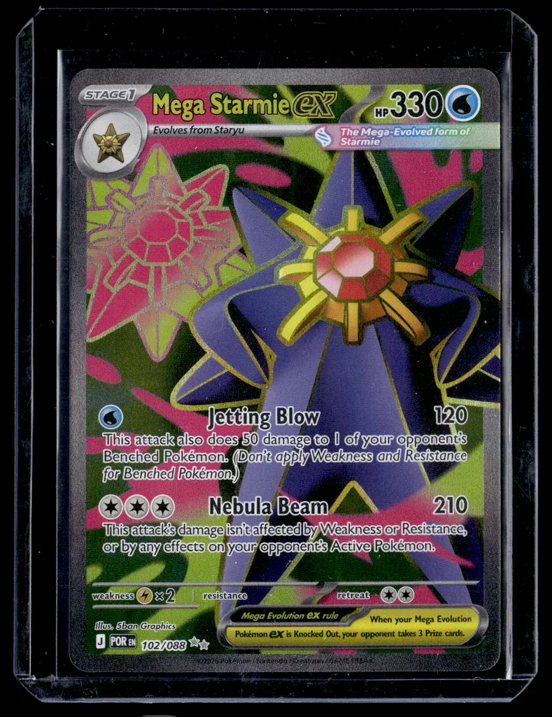 Front of Mega Starmie ex #102/88 from Perfect Order, a Holo Ultra Rare Pokémon trading card in Near Mint condition.