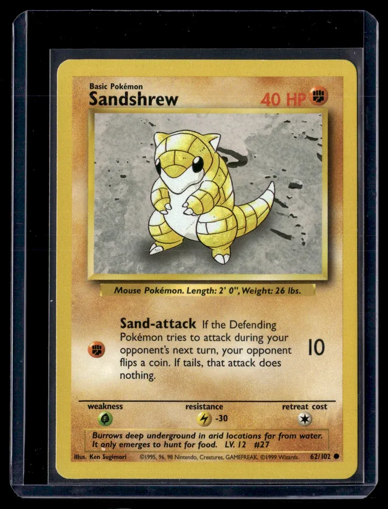 Front of Sandshrew #62/102 from Base Set, a Common Pokémon trading card in Moderately Played condition.