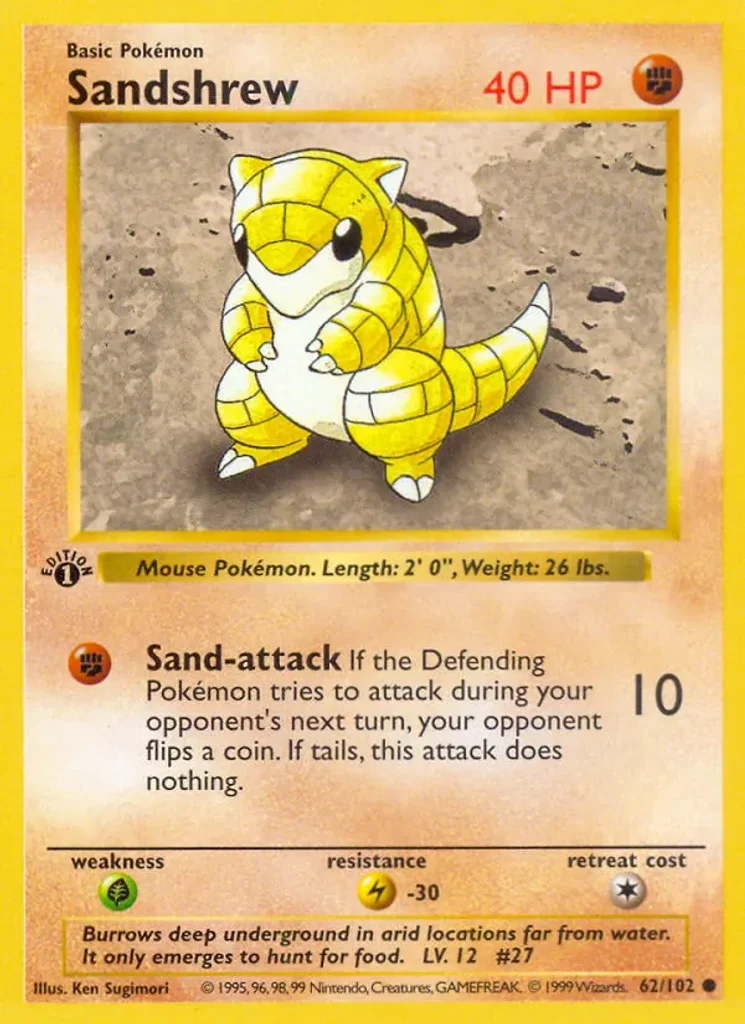 Sandshrew #62/102 - Base Set - Common - Pokémon Trading Card - TCG Single - Moderately Played 3