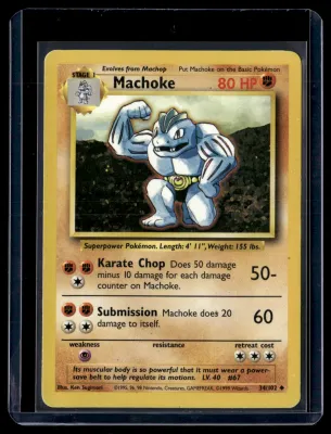 Front of Machoke #34/102 from Base Set, a Uncommon Pokémon trading card in Lightly Played condition.