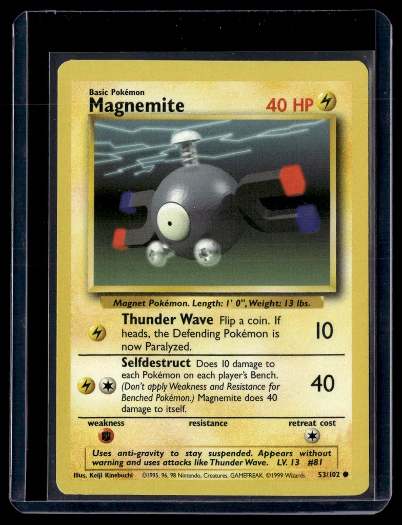 Front of Magnemite #53/102 from Base Set, a Common Pokémon trading card in Near Mint condition.