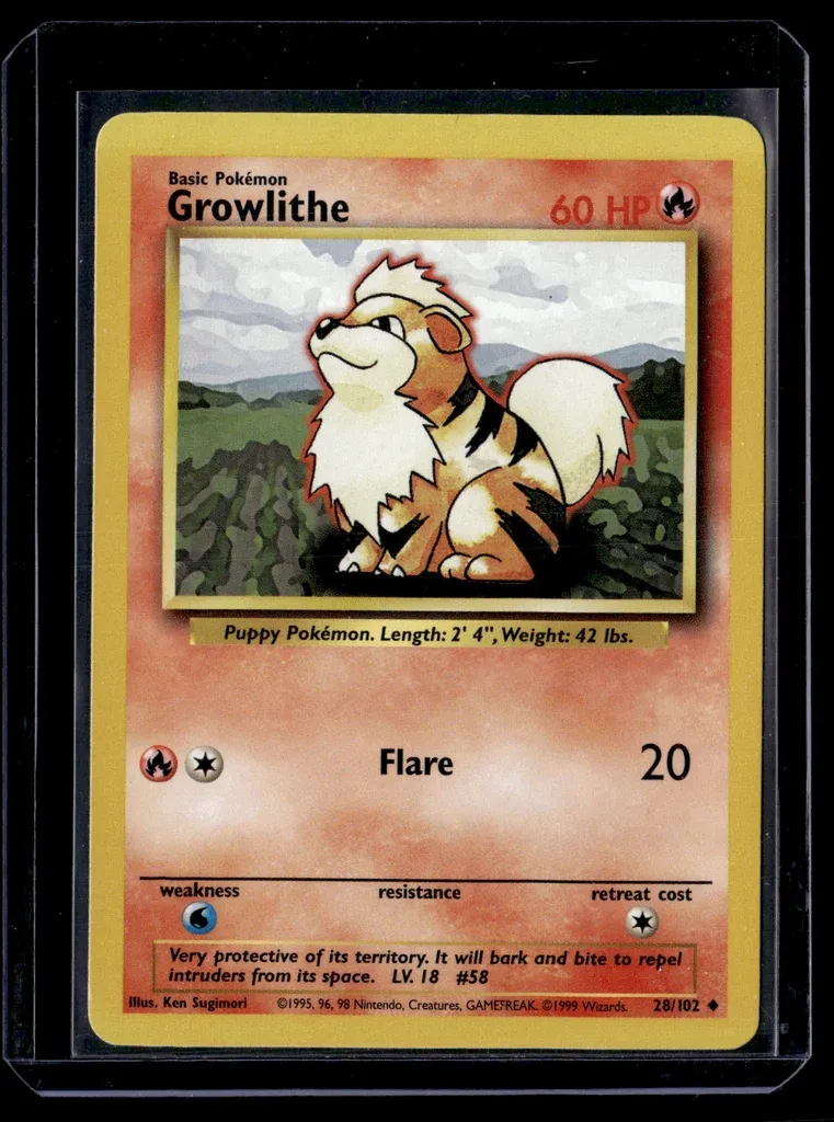 Front of Growlithe #28/102 from Base Set, a Uncommon Pokémon trading card in Lightly Played condition.