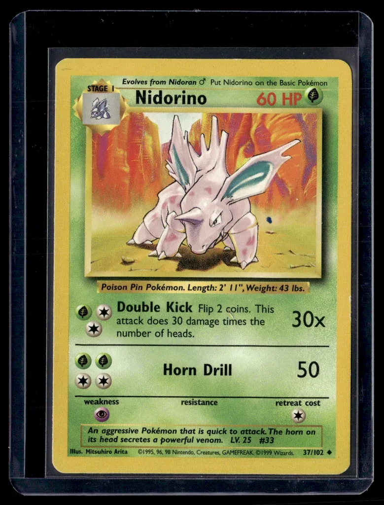 Front of Nidorino #37/102 from Base Set, a Uncommon Pokémon trading card in Lightly Played condition.