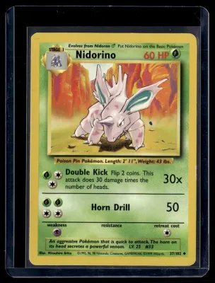 Front of Nidorino #37/102 from Base Set, a Uncommon Pokémon trading card in Lightly Played condition.