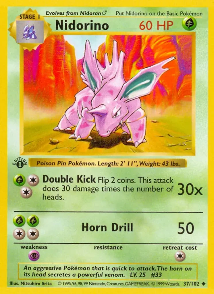 Nidorino #37/102 - Base Set - Uncommon - Pokémon Trading Card - TCG Single - Lightly Played 3