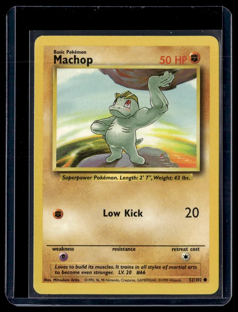 Front of Machop #52/102 from Base Set, a Common Pokémon trading card in Near Mint condition.