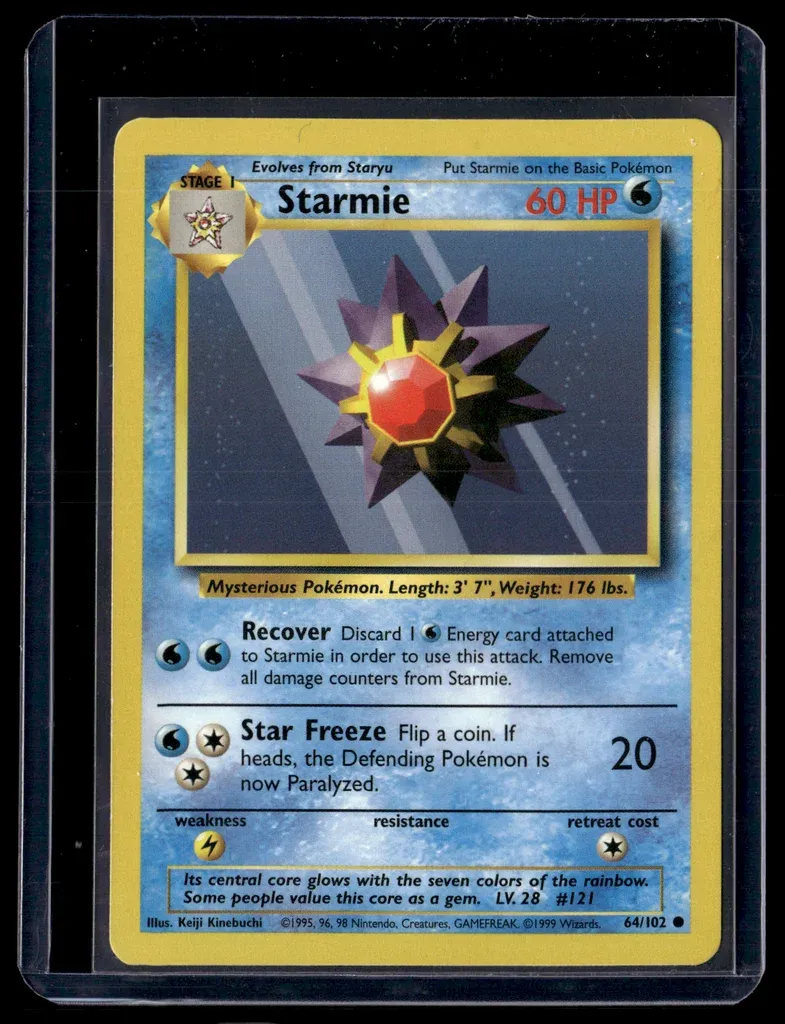 Front of Starmie #64/102 from Base Set, a Common Pokémon trading card in Near Mint condition.