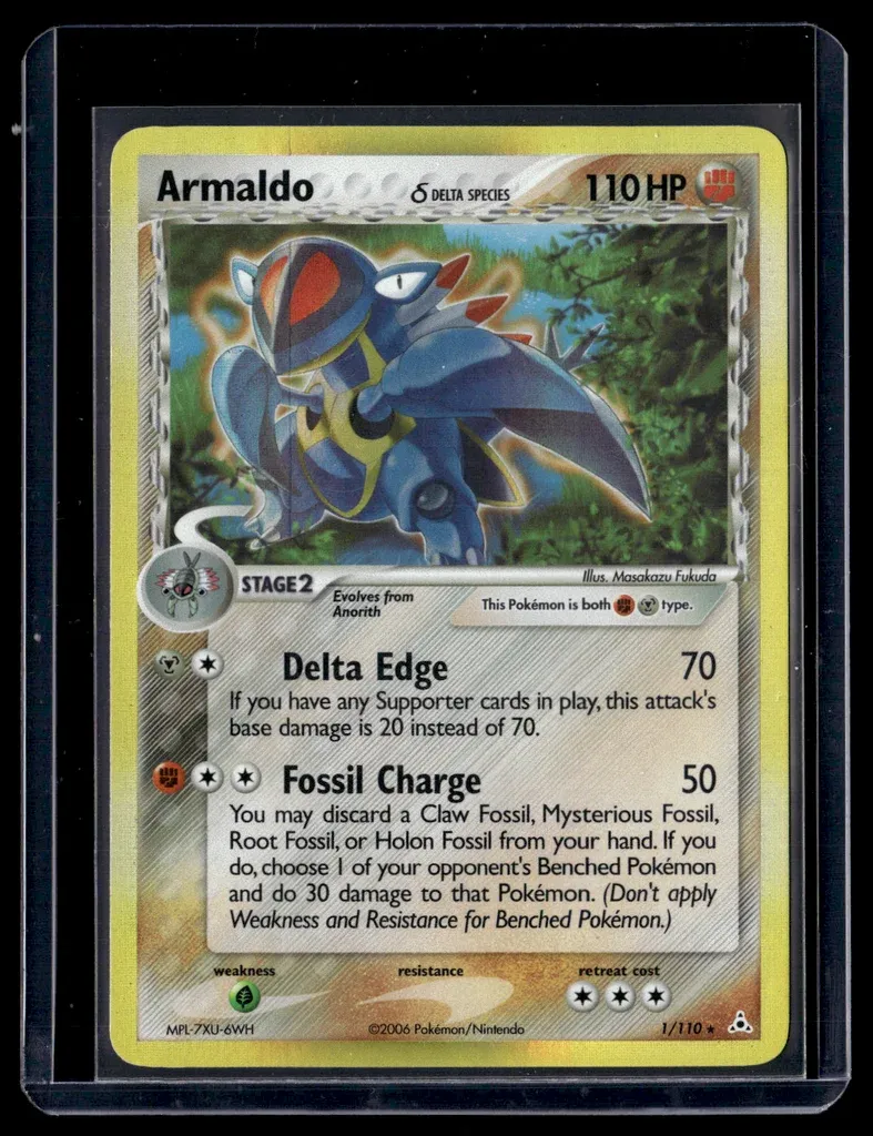 Front of Armaldo δ #1/110 from Holon Phantoms, a Holo Rare Pokémon trading card in Near Mint condition.