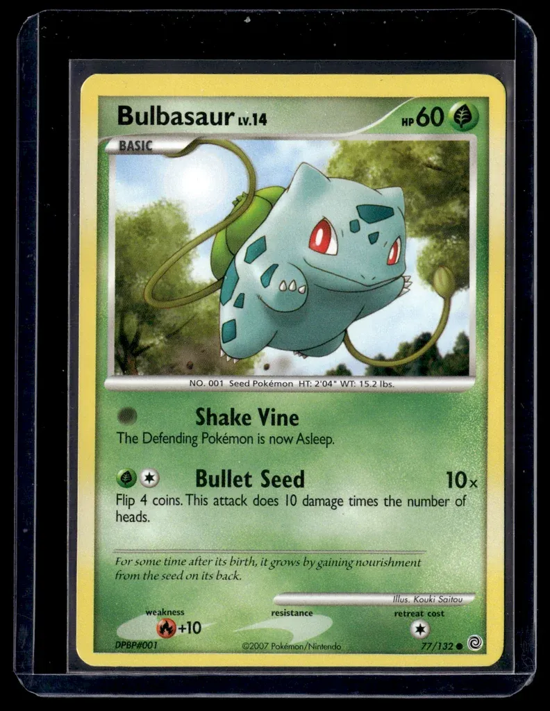 Front of Bulbasaur #77/132 from Secret Wonders, a Common Pokémon trading card in Lightly Played condition.