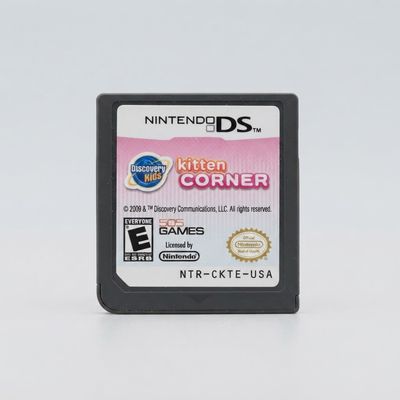 Front label of a Discovery Kids: Kitten Corner Nintendo DS game cartridge featuring a pink and white design