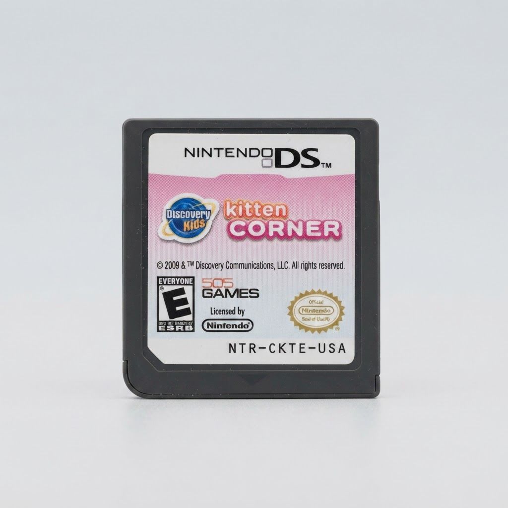 Front label of a Discovery Kids: Kitten Corner Nintendo DS game cartridge featuring a pink and white design