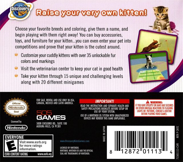 Back cover of Discovery Kids: Kitten Corner for Nintendo DS featuring gameplay screenshots and a summary of game features