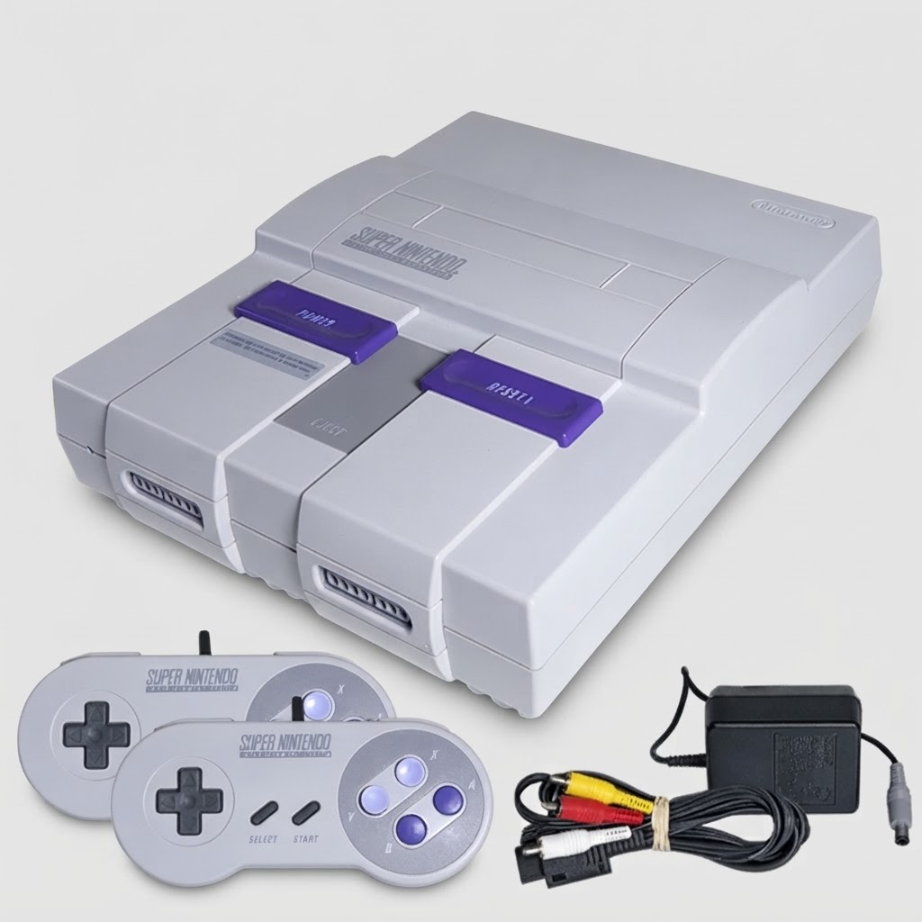 Super Nintendo (SNES) Console - 2 Controllers & Cables