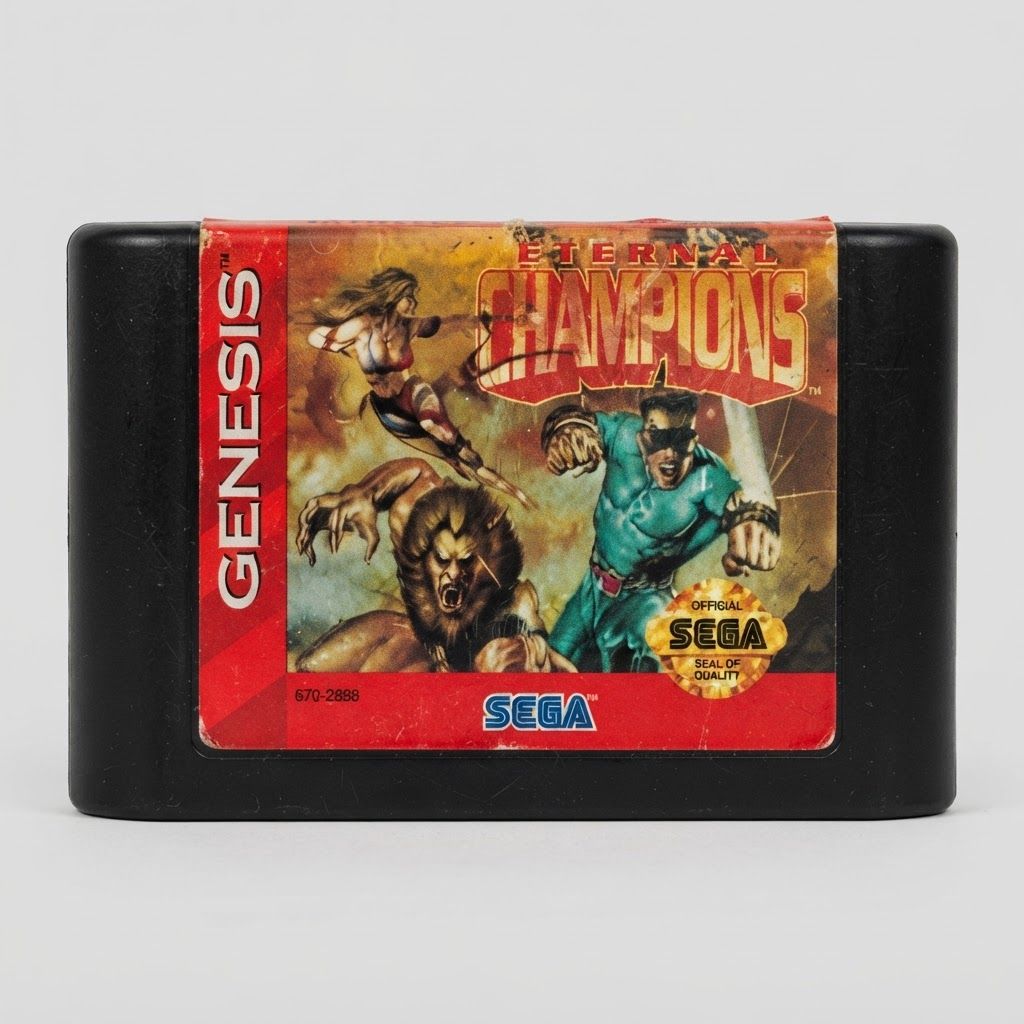 Front of an Eternal Champions Sega Genesis cartridge showing edge wear on the illustrated red label