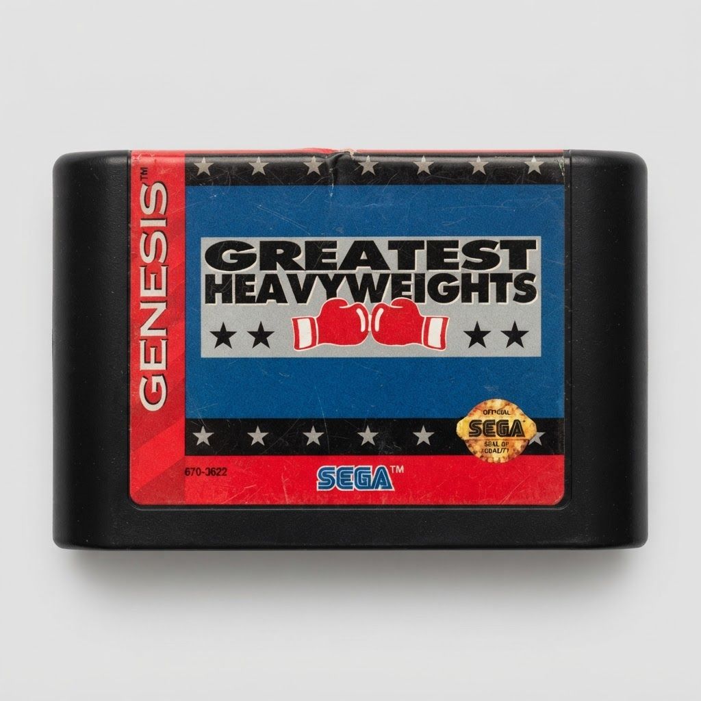 Front label of a Greatest Heavyweights Sega Genesis cartridge showing light wear along the top edge