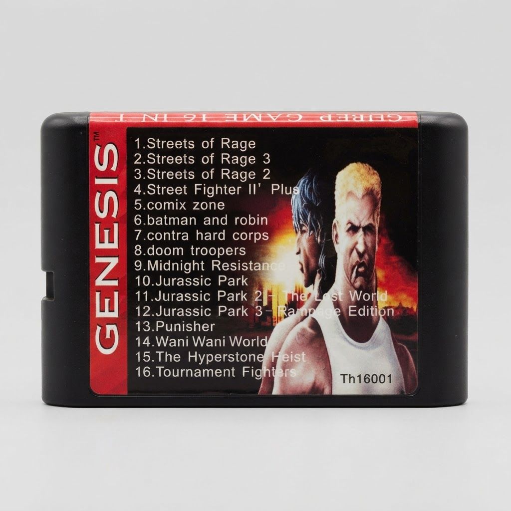 Front of a black Sega Genesis 16-in-1 multi-game cartridge featuring a red and black label listing classic titles